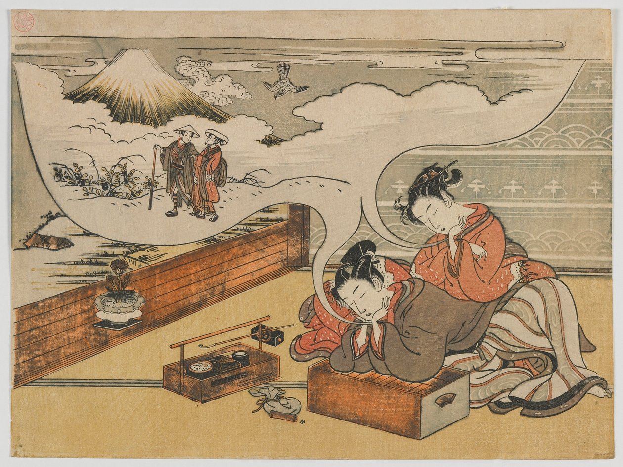 江戸時代の富士の近くを歩く夢、1770-73（木版印刷）